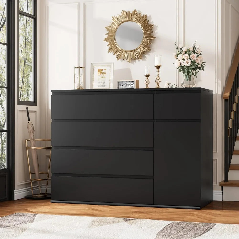 5 Drawer Dresser, Black Dresser for TV Stand, Double Wide Storage Chests of Drawer with Door, Deep Drawers and Wide Storage