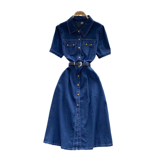 A New Summer Fashion Denim Dress.retro Polo Neck Short-sleeved Metal Single-breasted Belt Cinched Waist Denim Dress for Women
