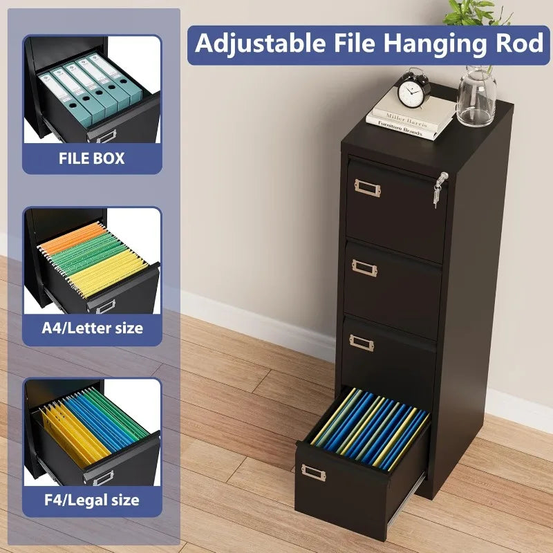 4 Drawer File Cabinet with Lock, Vertical Small Filing Cabinet Steel Lockable Storage Cabinets, 4 Drawer-15"W Black