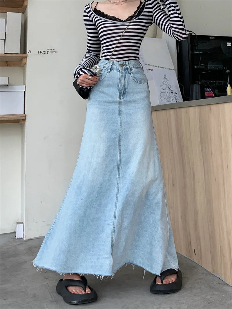 2025 Trend Women's Y2K Jeans Skirt - Light Blue High Waist Denim Maxi Skirt Retro Coquette Street Style 2641