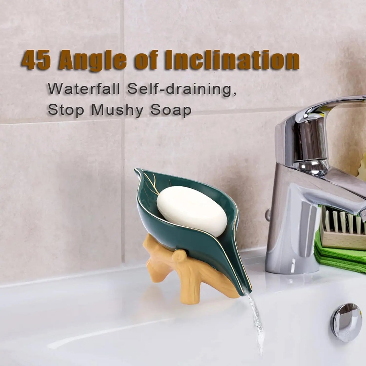 Ceramic Soap Dish Holder Self Draining, Unique Waterfall Soap Dish Leaf Shape Decorative Soap Dish Tray Tabletop Drainable Soap