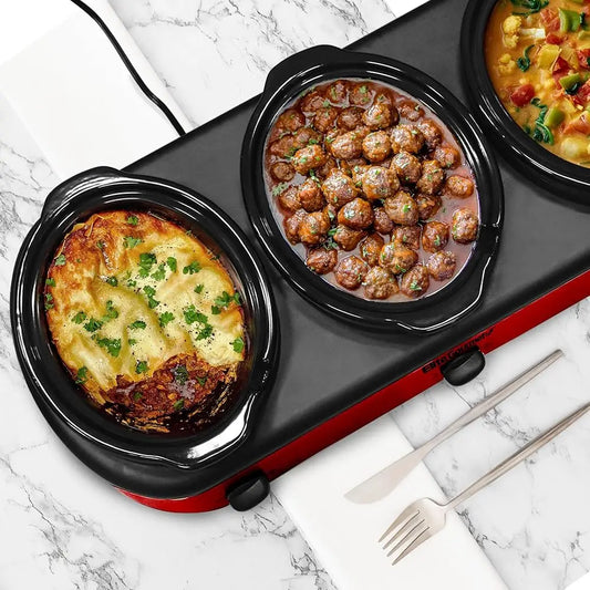 Ewmst-325R Maxi-Matic Triple Slow Cooker Buffet Server Adjustable Temp Dishwasher-Safe Oval Ceramic Pots, Lid Rests, 3 X 2.5 Qt