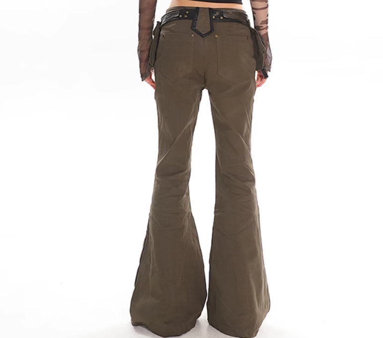 Black Weila Slimming Washed Denim Army Green Design Sense Bell-bottom Pants