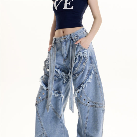 American Retro Heavy Industry Mechanical Style Deconstruction Cargo Jeans