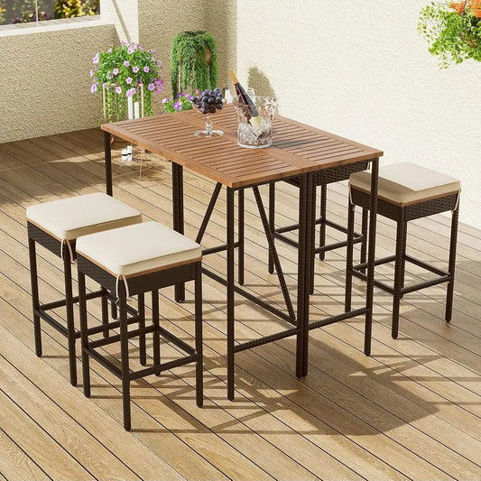 5-Piece Outdoor Dining Set, Acacia Wood Bar Height Table And 4 Stools With Removable Cushions, Pe Wicker Dining Table With