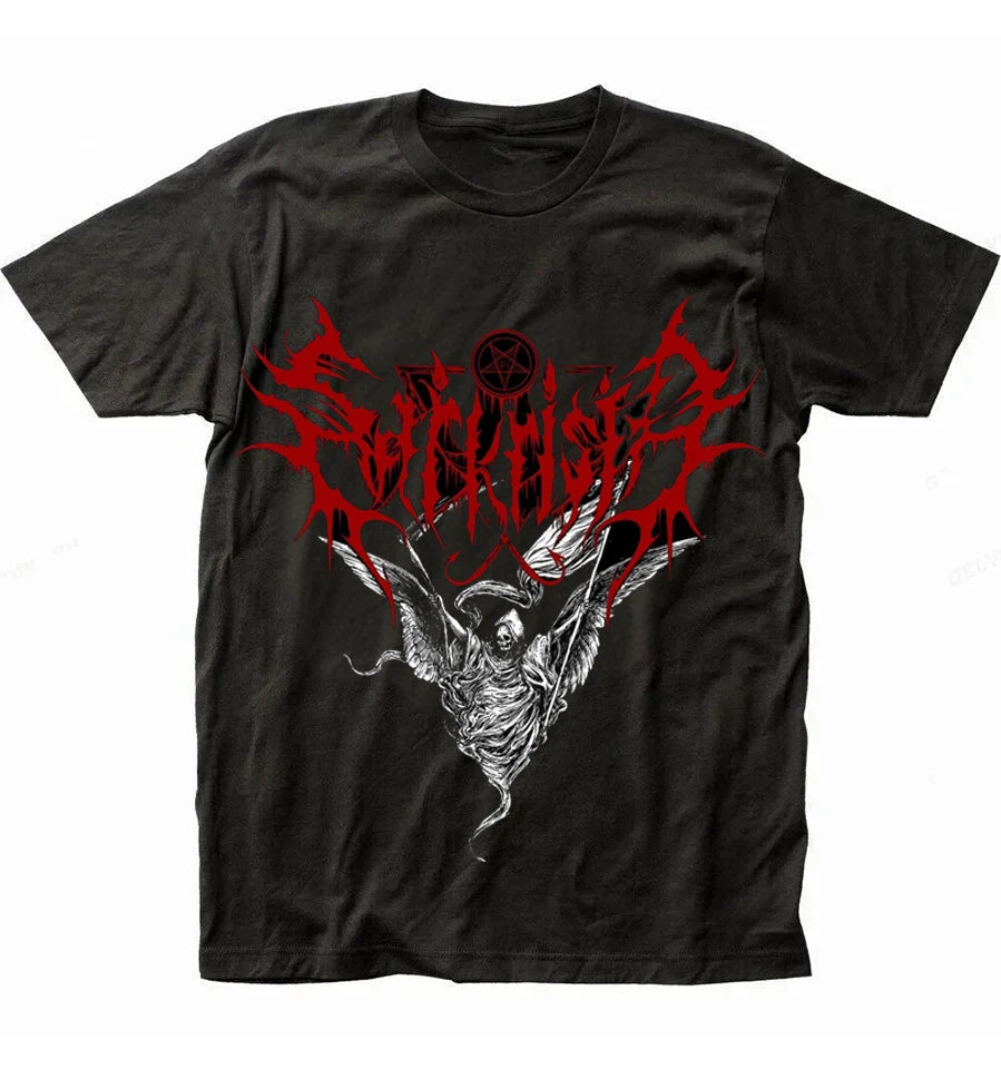 European and American trendy street style American Harajuku style printed Gothic top solid color dark retro loose T-shirt for bo