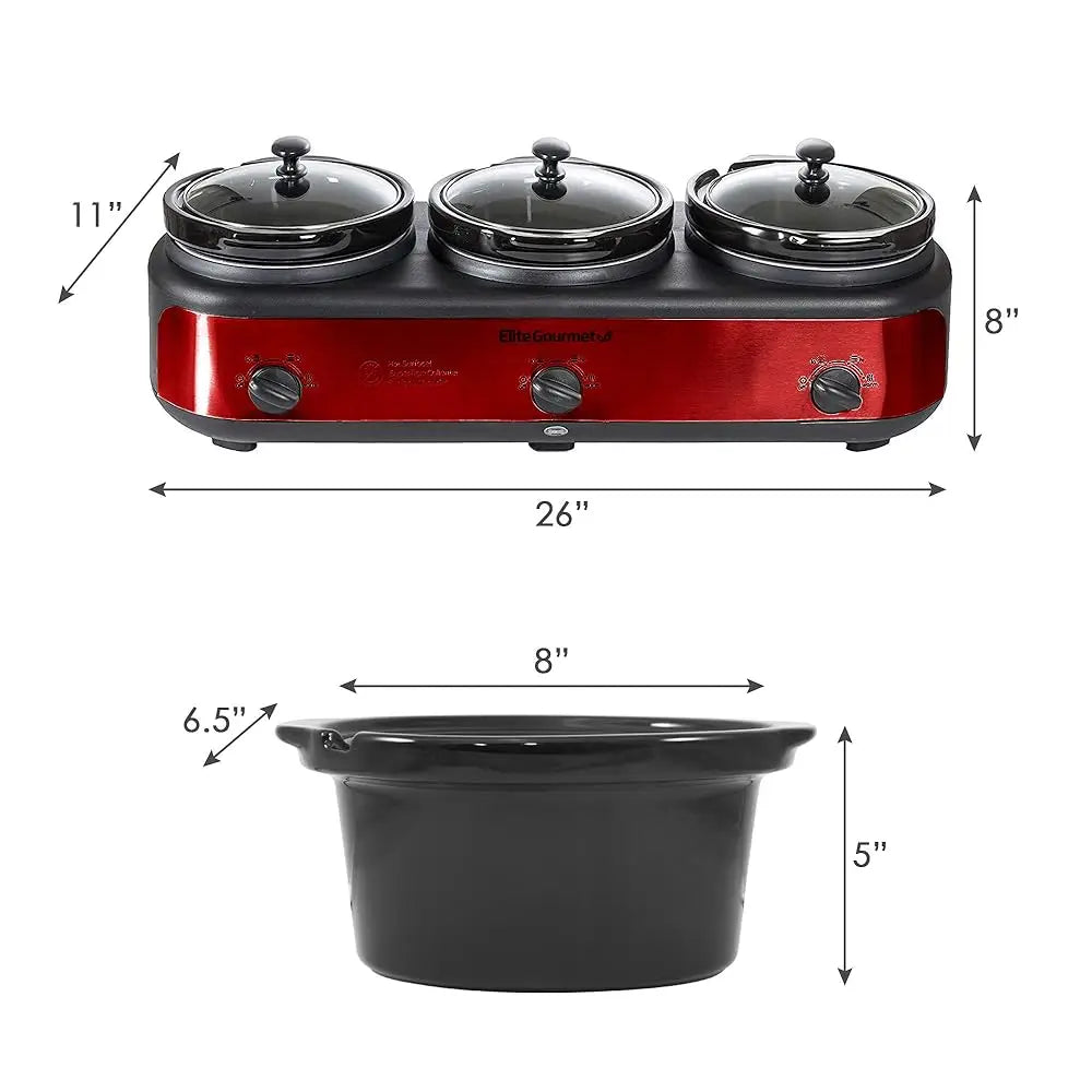 Ewmst-325R Maxi-Matic Triple Slow Cooker Buffet Server Adjustable Temp Dishwasher-Safe Oval Ceramic Pots, Lid Rests, 3 X 2.5 Qt