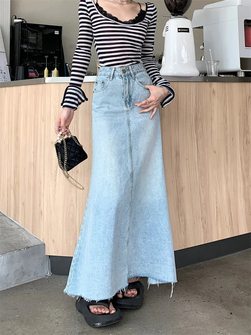 2025 Trend Women's Y2K Jeans Skirt - Light Blue High Waist Denim Maxi Skirt Retro Coquette Street Style 2641