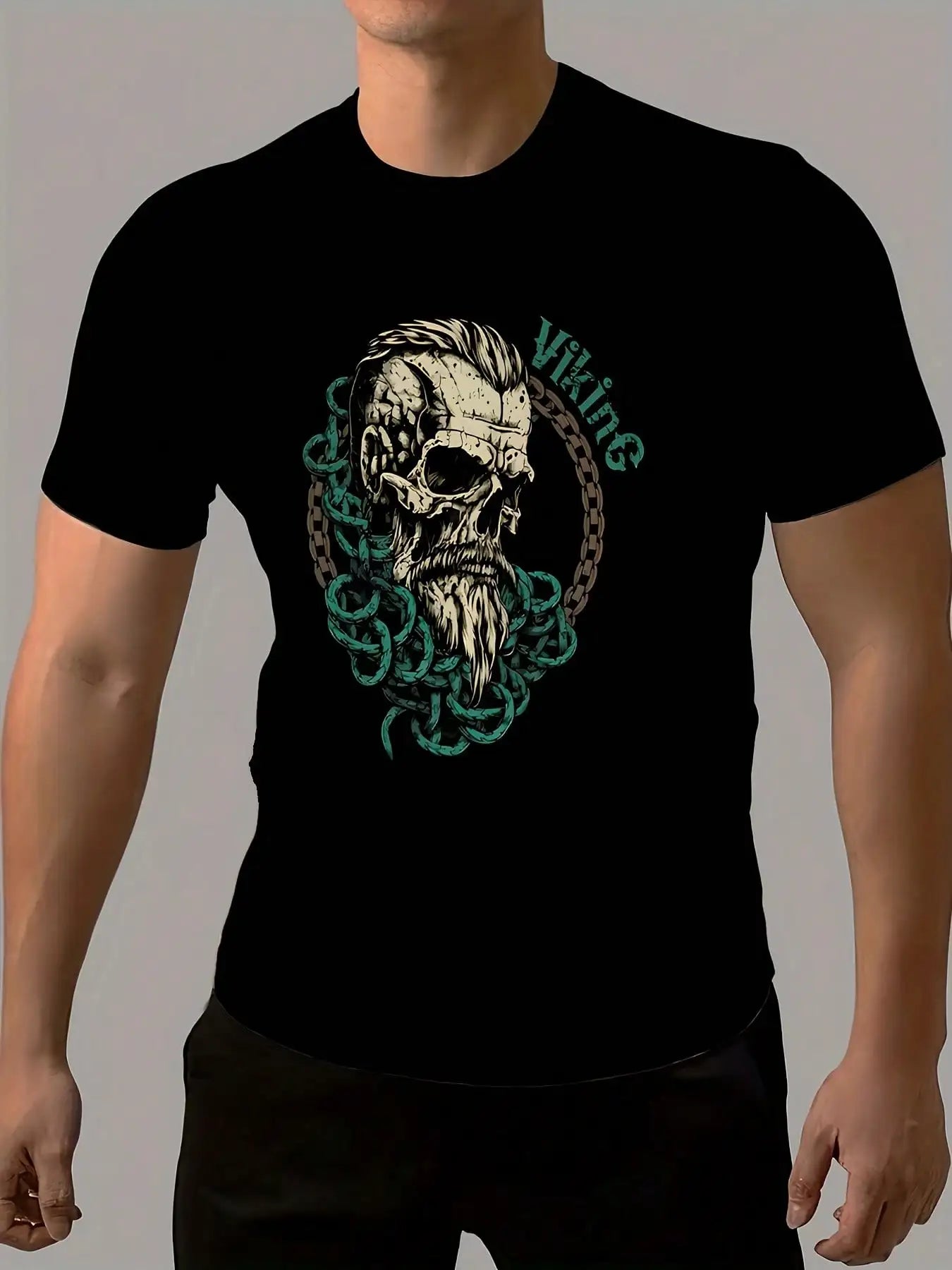 1pc Viking Skull Print T-Shirt for Men, Casual Crew Neck, 100% Polyester Knit Fabric, Reguler Print Design, S