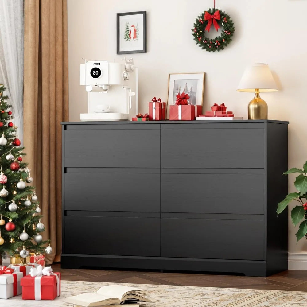 6 Drawer Double Dresser, Black Dresser, Modern 6 Chest of Drawers with Deep Drawers, Wide Storage Organizer Cabinet