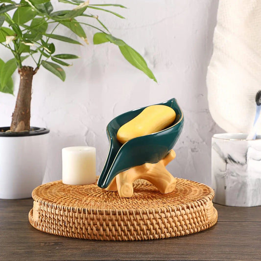 Ceramic Soap Dish Holder Self Draining, Unique Waterfall Soap Dish Leaf Shape Decorative Soap Dish Tray Tabletop Drainable Soap