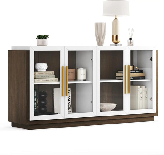 Belleze Sideboard Buffet Cabinet, Modern Wood Glass-Buffet-Sideboard With Storage, Console Table For Kitchen, Dining Room,