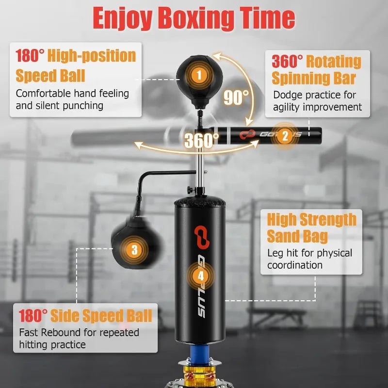 Goplus Boxing Speed Trainer, Freestanding Punching Bag 360° Spinning Bar with 2 Reflex Speed Balls, Shock Absorbers,
