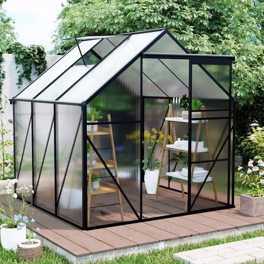 6x6 FT Polycarbonate Greenhouse with Aluminum Frame, Raised Base and Roof Vent,Walk-in Greenhouses for Patio Garden, Greenhouses