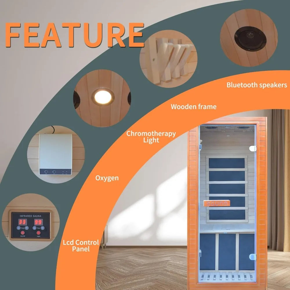 1 Person Low EMF Infrared Home Sauna, With Led Reading Lamp, Bluetooth Speakers, Oxygen bar, Digital Controller, Saunas