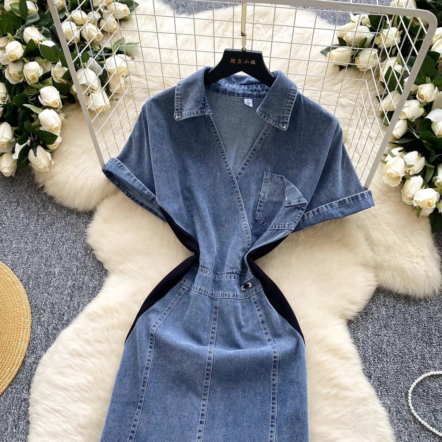 "Light Luxury Style" Design Sense Denim Dress. Women's New Summer Fashion Mesh Yarn Stitching Perfect Temperament Long Dress