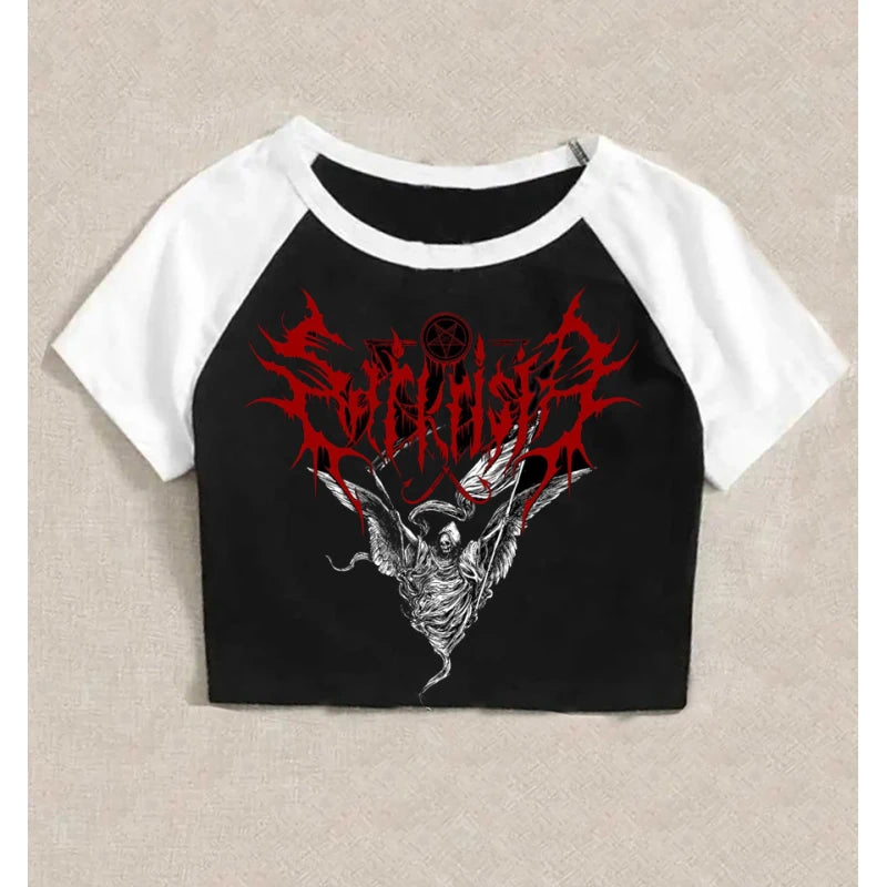 European and American trendy street style American Harajuku style printed Gothic top solid color dark retro loose T-shirt for bo