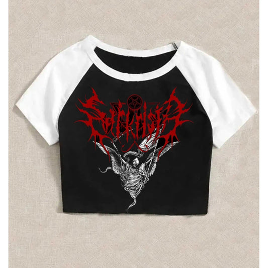European and American trendy street style American Harajuku style printed Gothic top solid color dark retro loose T-shirt for bo