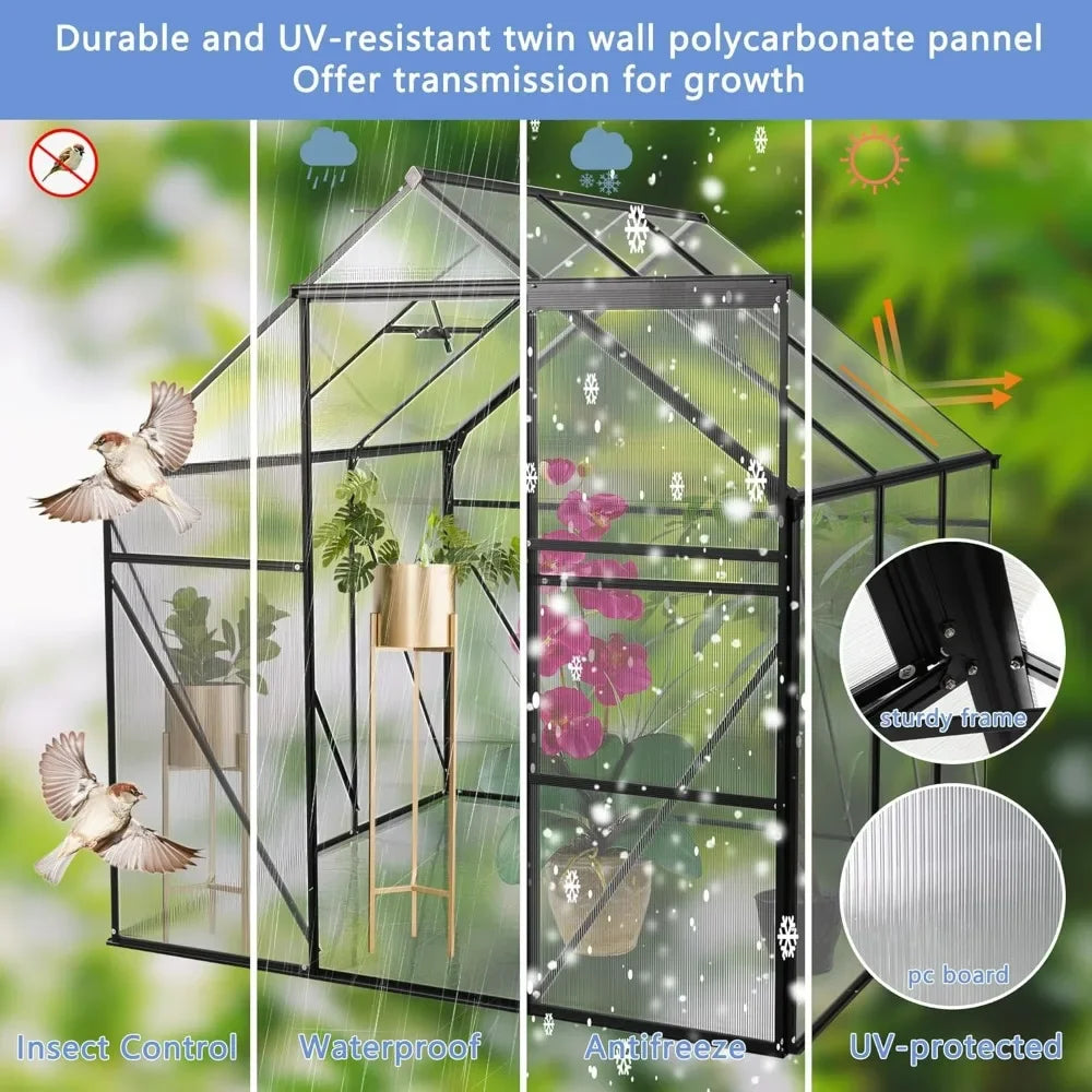 6x6 FT Polycarbonate Greenhouse with Aluminum Frame, Raised Base and Roof Vent,Walk-in Greenhouses for Patio Garden, Greenhouses