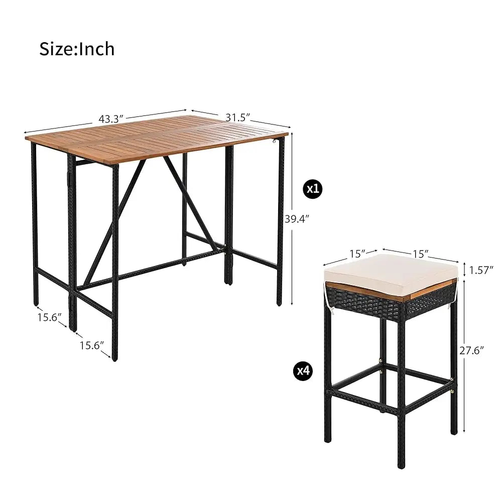 5-Piece Outdoor Dining Set, Acacia Wood Bar Height Table And 4 Stools With Removable Cushions, Pe Wicker Dining Table With