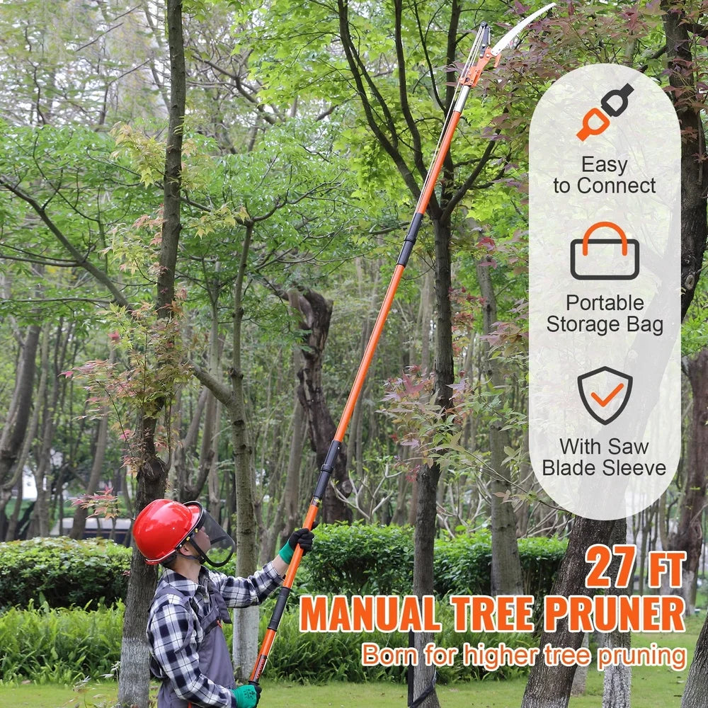 Extendable Manual Pole Saw 7.3-27ft Fiberglass Tree Pruner Sharp Blade Double Lock Joint Easy Use High Low Branch Cutting