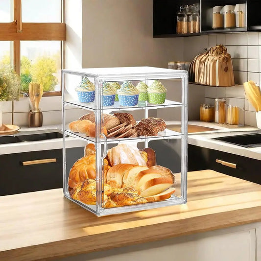 Bread Box For Kitchen Countertop Pastry Display Case 4 Layers Adjustable Clear Bread Storage Container With Magnetic Door Bread