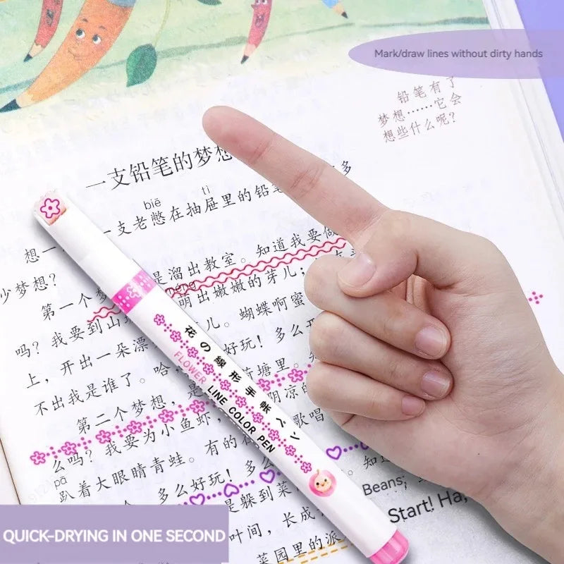 6Pcs/Set Flower Line Shape Highlighter Pen Roller Tip Curve Liner Marker Kawaii Korean Stationery School Office Supplies Gifts