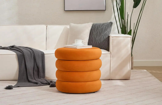 20.1'' Storage Ottoman Round, Velvet Pouf Ottoman Foot Rest With Removable Lid, Modern Orange Vanity Stool Seating For Girls