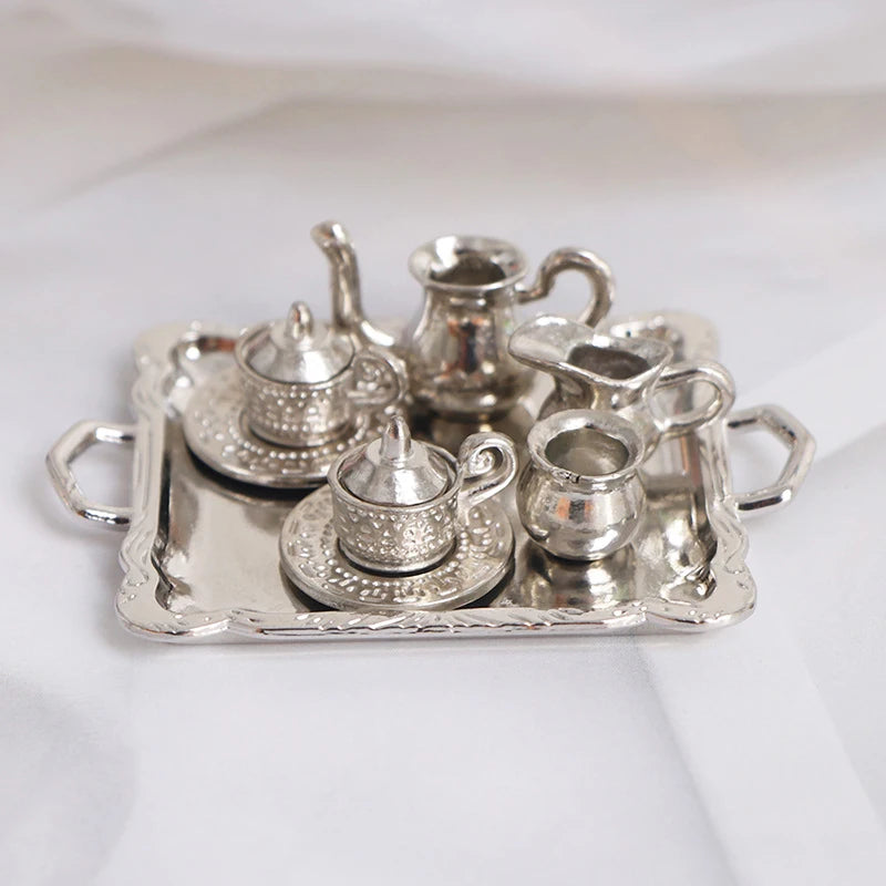 1set Mini Silver Simulation Plated Tea Cup Set Teapot Model Dollhouse Miniature Home Kitchen Decor Funny Play Accessories