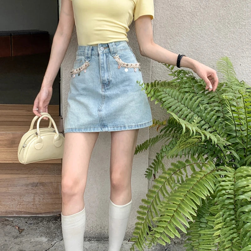2025 Trend Women's Y2K Jeans Skirt - Dongdaemun Style Chain Detail High Waist Blue Denim A-Line Skirt Slimming Versatile 2682