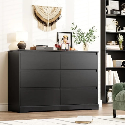 6 Drawer Double Dresser, Black Dresser, Modern 6 Chest of Drawers with Deep Drawers, Wide Storage Organizer Cabinet