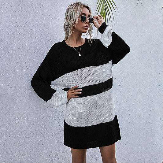 European And American Knitted Round Neck Stitching Striped Sweater Dress