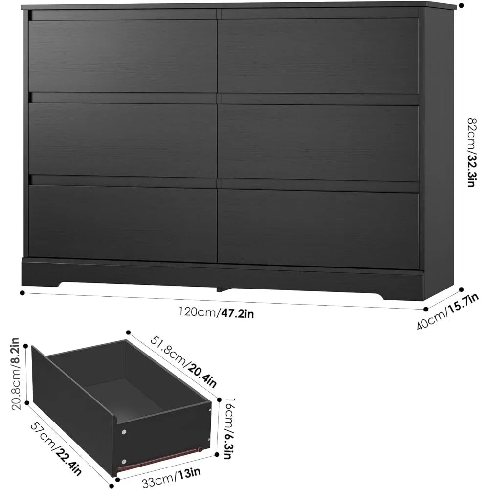 6 Drawer Double Dresser, Black Dresser, Modern 6 Chest of Drawers with Deep Drawers, Wide Storage Organizer Cabinet