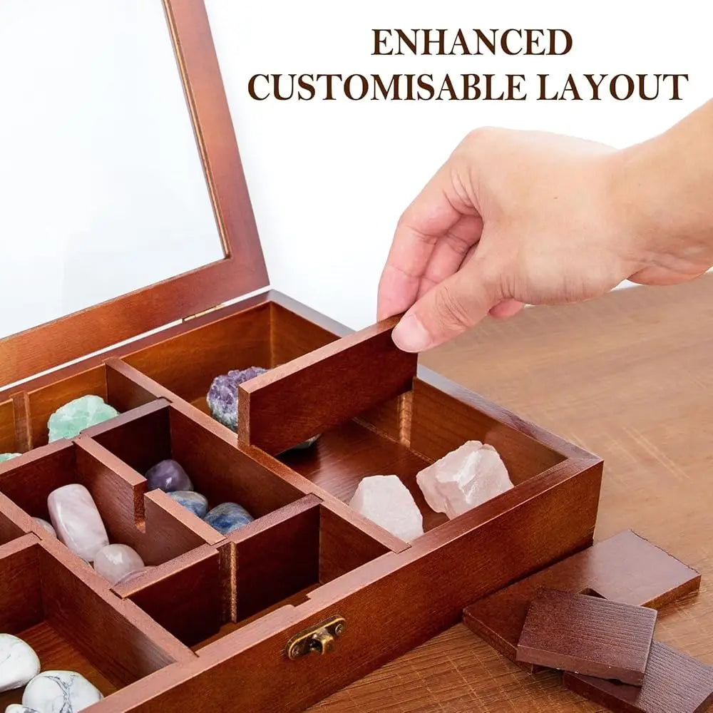 Adjustable Ro Display Case, Crystal Collection Box With Shelves, Wood Witchy Stones Organizer Storage,Gem Holder With Lid For