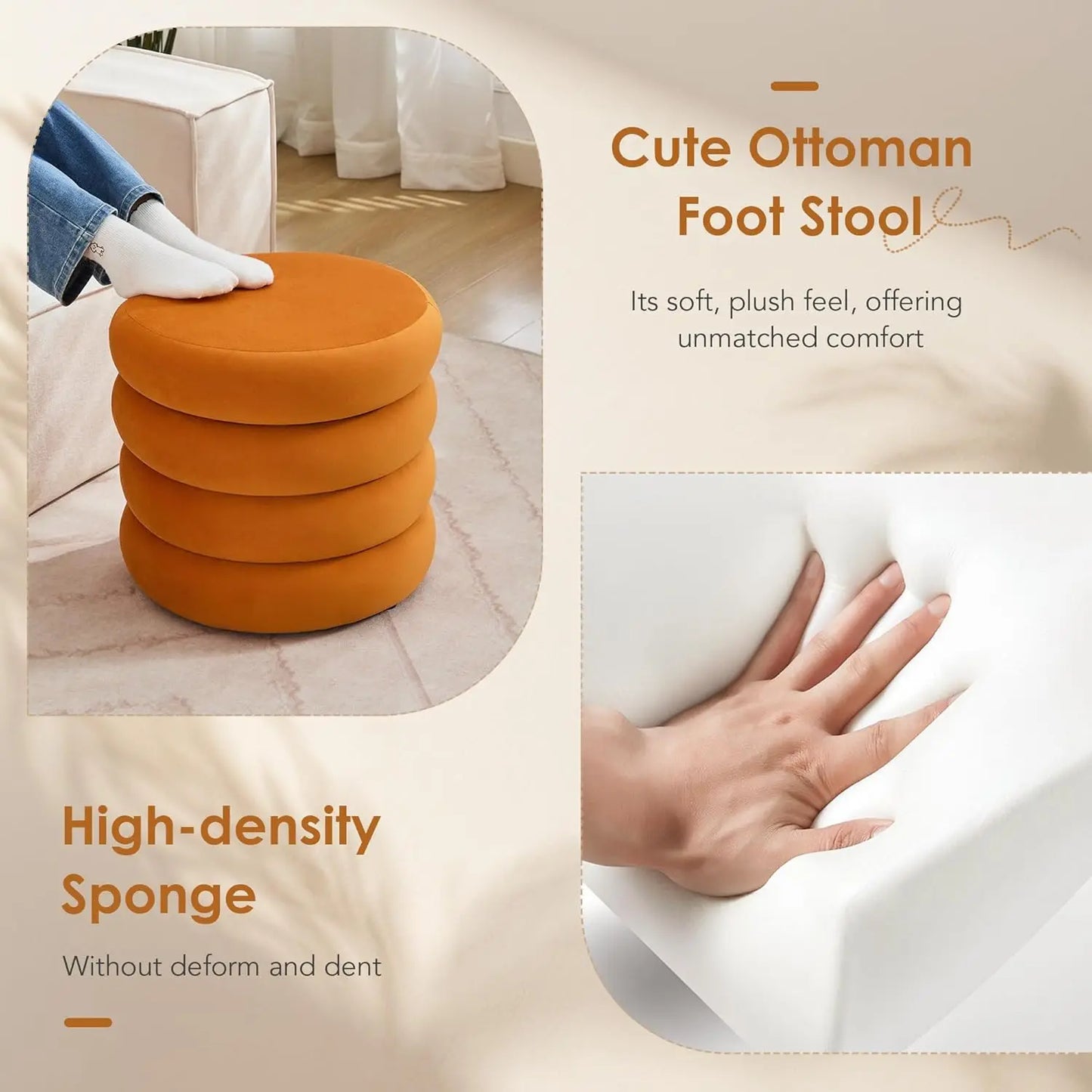 20.1'' Storage Ottoman Round, Velvet Pouf Ottoman Foot Rest With Removable Lid, Modern Orange Vanity Stool Seating For Girls