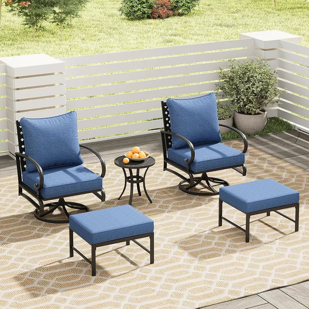 5 Pieces Patio Furniture Set With Small Round Table, Metal Outdoor Conversation Set Of 2 Swivel Sofa Chairs With Ottomans For