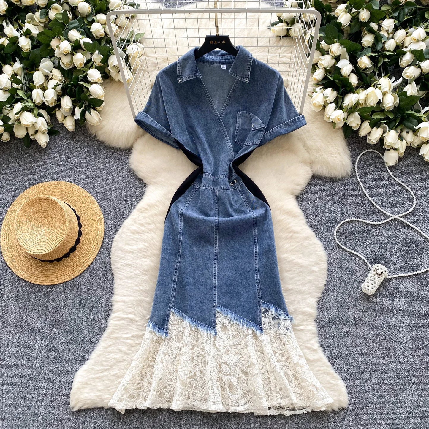 "Light Luxury Style" Design Sense Denim Dress. Women's New Summer Fashion Mesh Yarn Stitching Perfect Temperament Long Dress