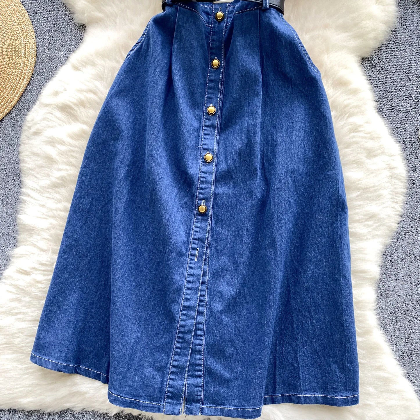 A New Summer Fashion Denim Dress.retro Polo Neck Short-sleeved Metal Single-breasted Belt Cinched Waist Denim Dress for Women