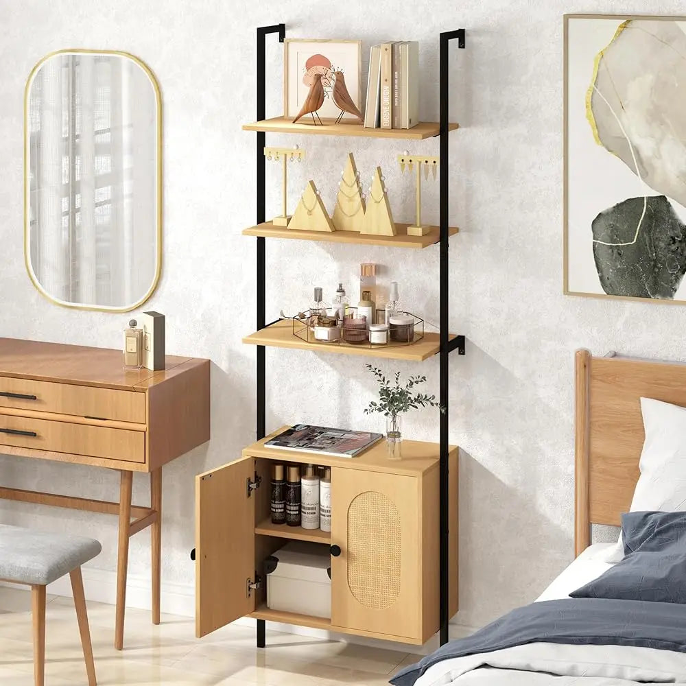 72.5'' Tall Bookshelf With Cabinet Set Of 2, 4-Tier Wall Mount Ladder Shelf With Rattan Cabinet, Adjustable Shelf, Metal Frame,