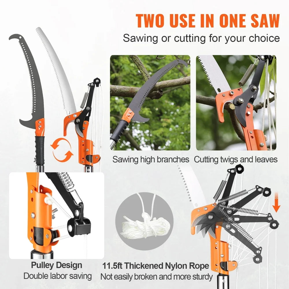 Extendable Manual Pole Saw 7.3-27ft Fiberglass Tree Pruner Sharp Blade Double Lock Joint Easy Use High Low Branch Cutting