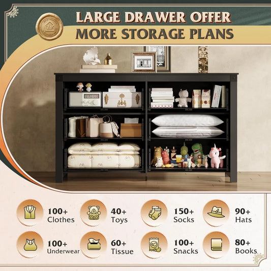 Farmhouse Black Dresser for Bedroom, 53.07'' Wide 6 Drawer Wood Dresser, Chest of Drawers with Double Rustic Handle,