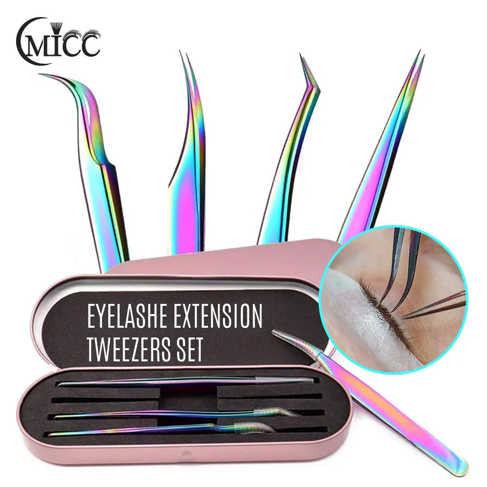 4Pcs Rainbow Eyelashes Tweezers Set Stainless Steel Superhard Tweezers Makeup Tools Nail Art Accessories Rhinestone Picker Tools