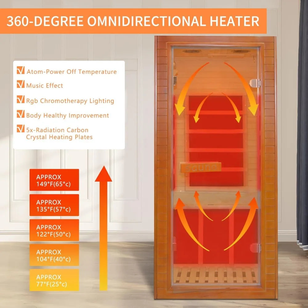 1 Person Low EMF Infrared Home Sauna, With Led Reading Lamp, Bluetooth Speakers, Oxygen bar, Digital Controller, Saunas