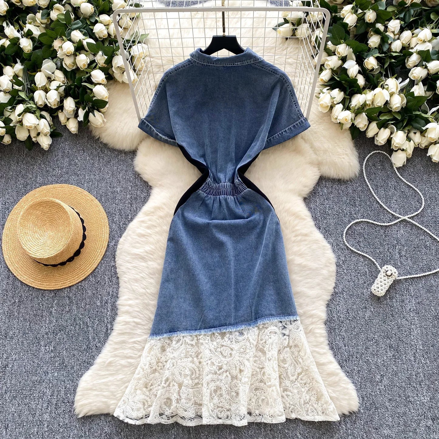 "Light Luxury Style" Design Sense Denim Dress. Women's New Summer Fashion Mesh Yarn Stitching Perfect Temperament Long Dress