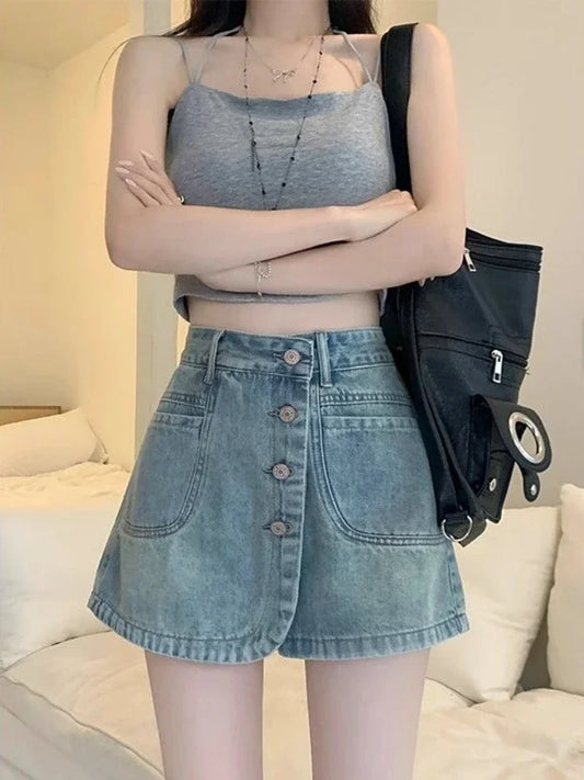 Chic and Elegant Blue Woman Pants Denim Skirt Stylish Korean Fashion Y2k Vintage High Quality Summer 2025 Jeans Skirts for Women