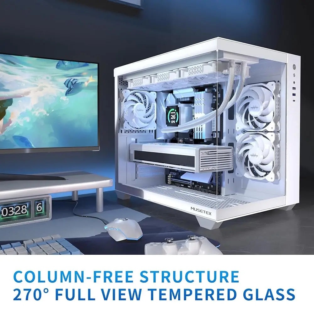 Atx Pc Case, 360Mm Rad Support, 3 X 120Mm Non-Argb Fans Pre-Installed, 270° Full View Tempered Glass Gaming Pc Case With