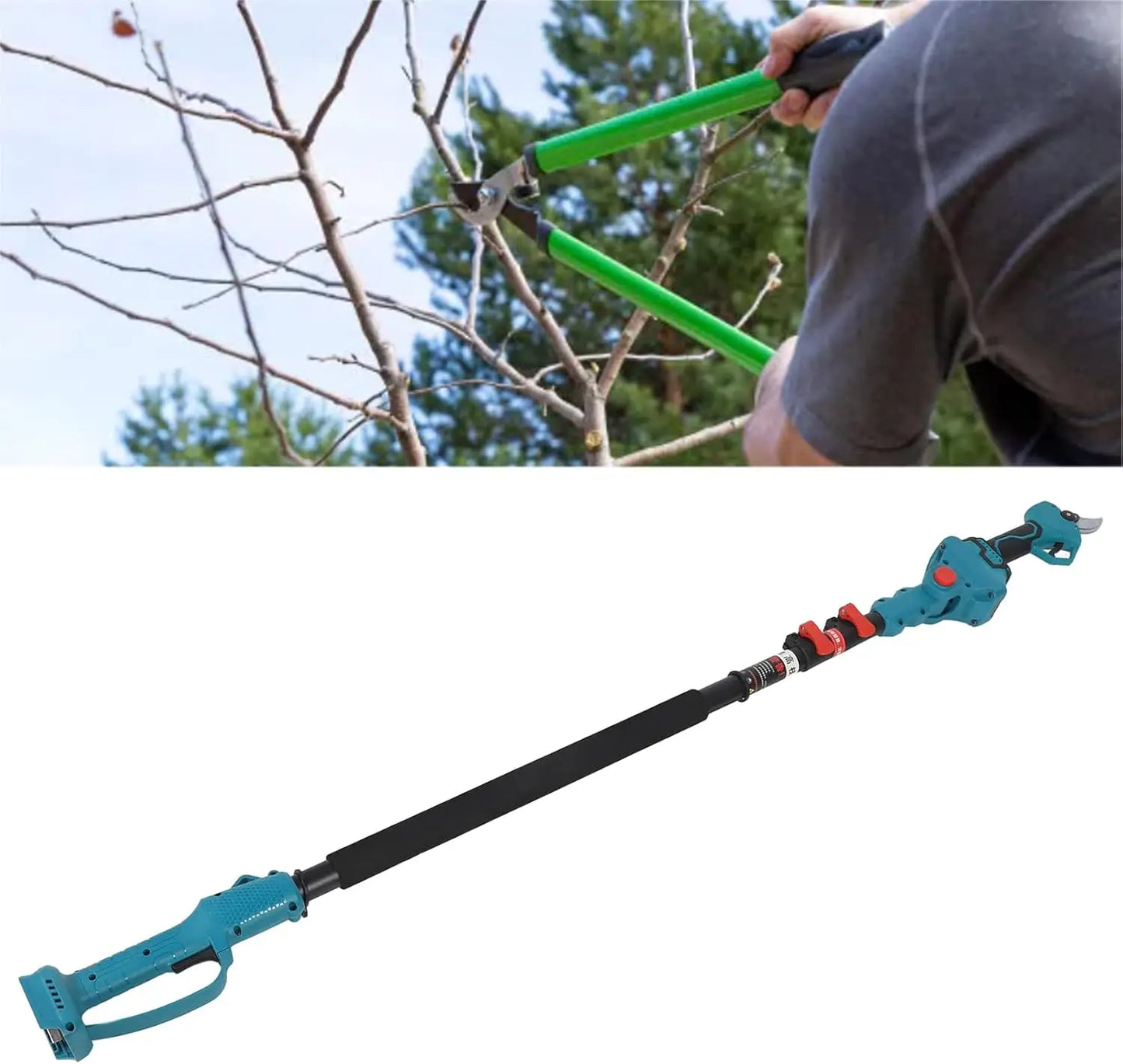 Electric Pruning Shear, Rechargeable Tree Branch Pruner with Extension Pole 180 Degree Adjustable Head Pole Pruning Shear Cordle