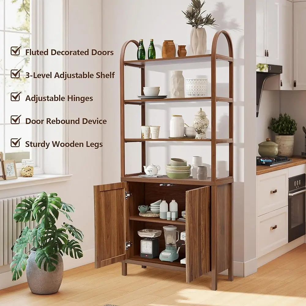71” Tall Arched Bookshelf Storage With Fluted Doors, Mid Modern 6 Tier Bookshelves, Freestanding Bookcase Cabinet With Open